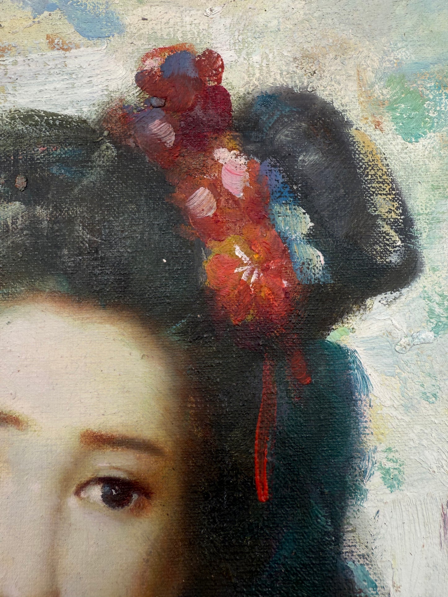 Large Geisha in oil, original unknown artist on old linen canvas, 1 of 2 similar pieces