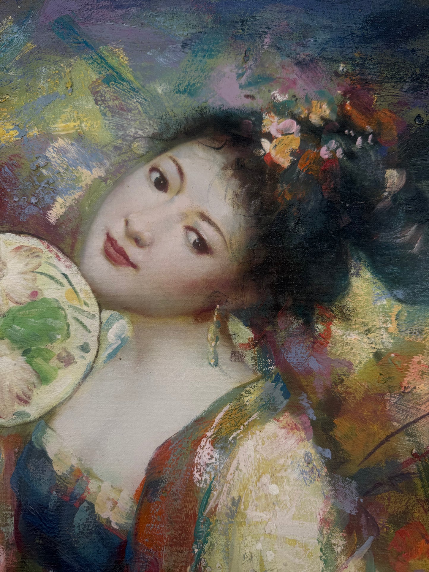 Large Geisha in oil, original unknown artist on old linen canvas, 1 of 2 similar pieces