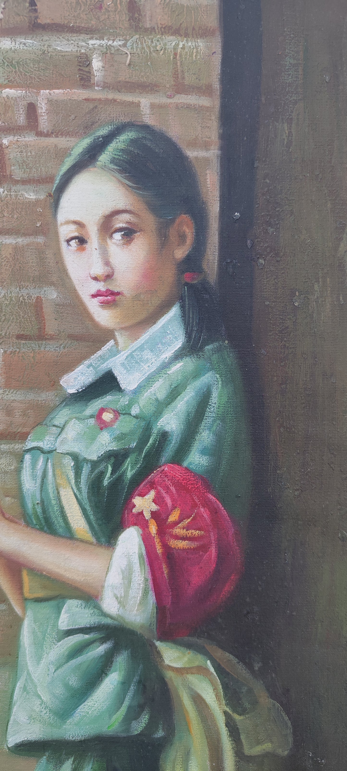 Chinese soldier girl, oil painting, framed