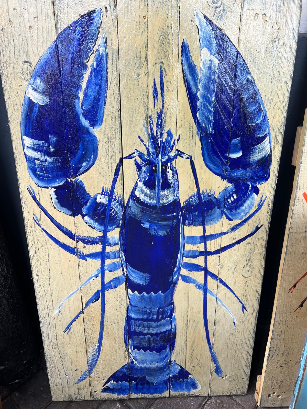 Lobster, hand painted on reclaimed timber