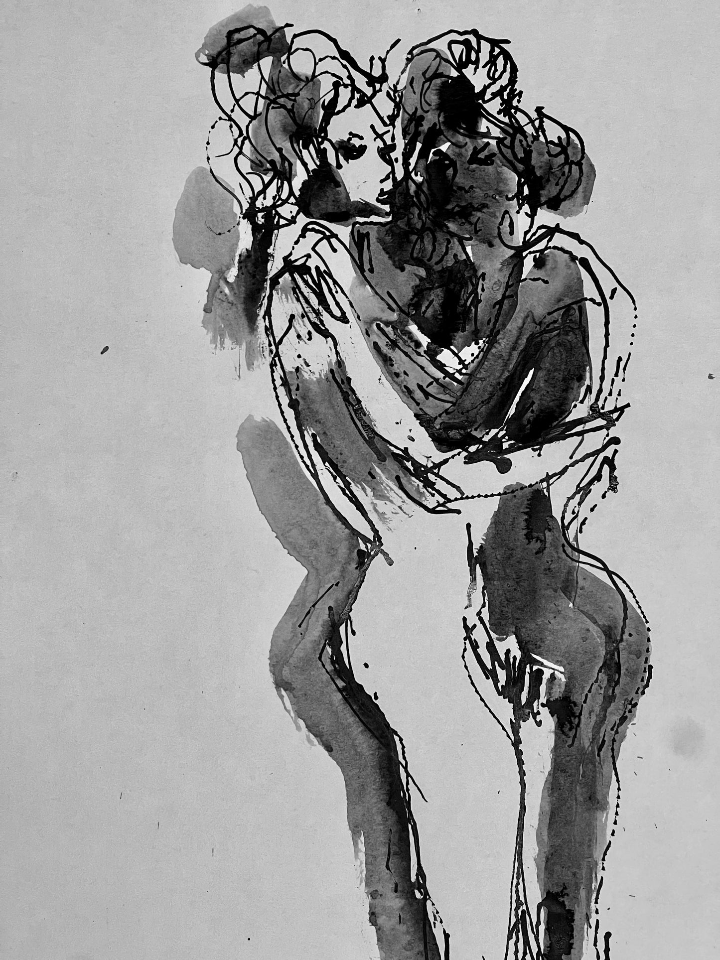 A nude study in pen & ink, black and white female embrace, Peter Collins ARCA