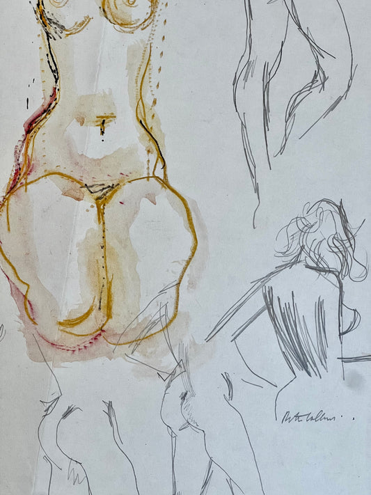 An undressing nude study, watercolour, signed Peter Collins ARCA