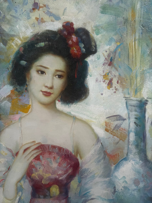 Large Geisha in oil, original unknown artist on old linen canvas, 1 of 2 similar pieces