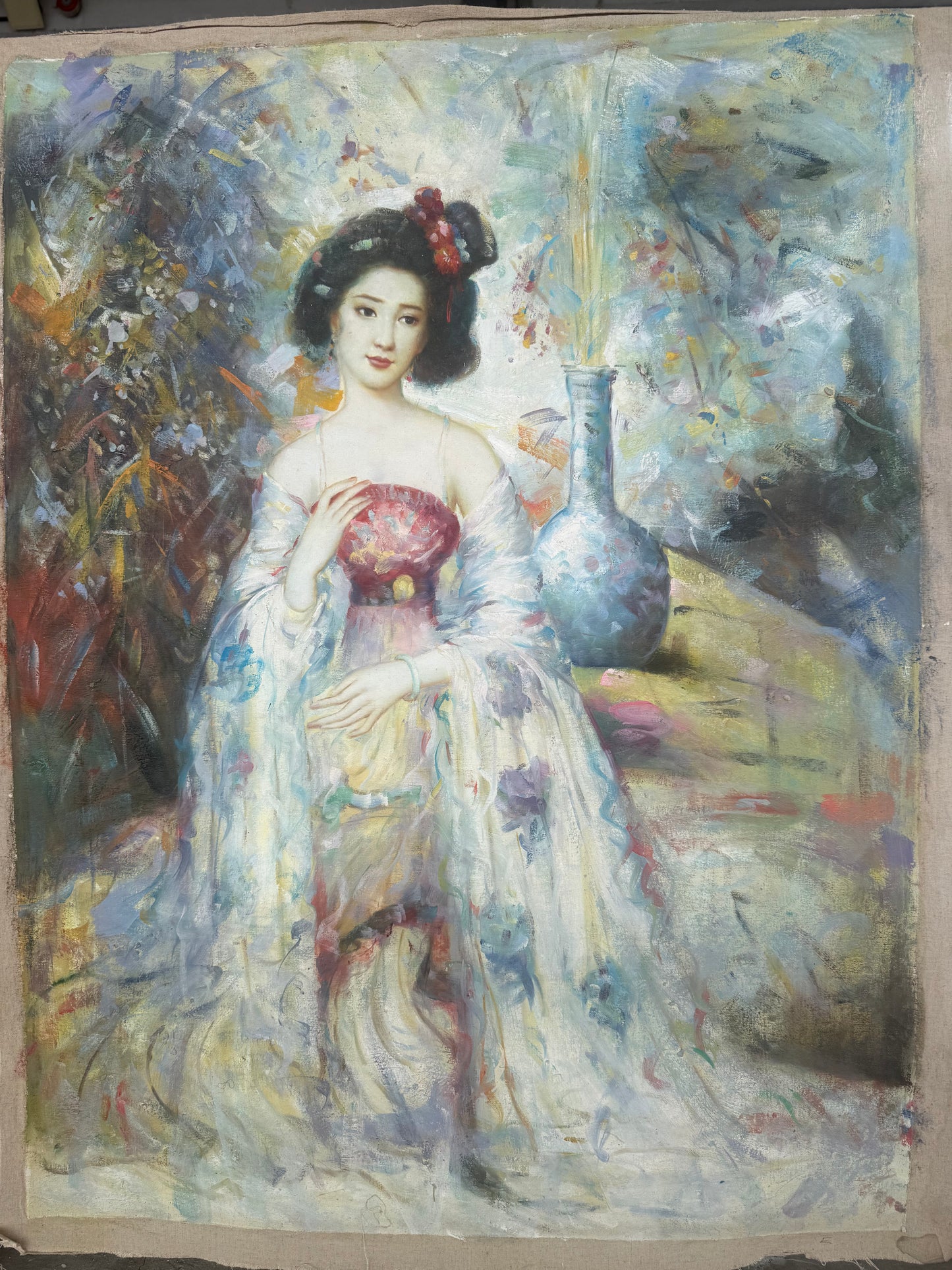 Large Geisha in oil, original unknown artist on old linen canvas, 1 of 2 similar pieces