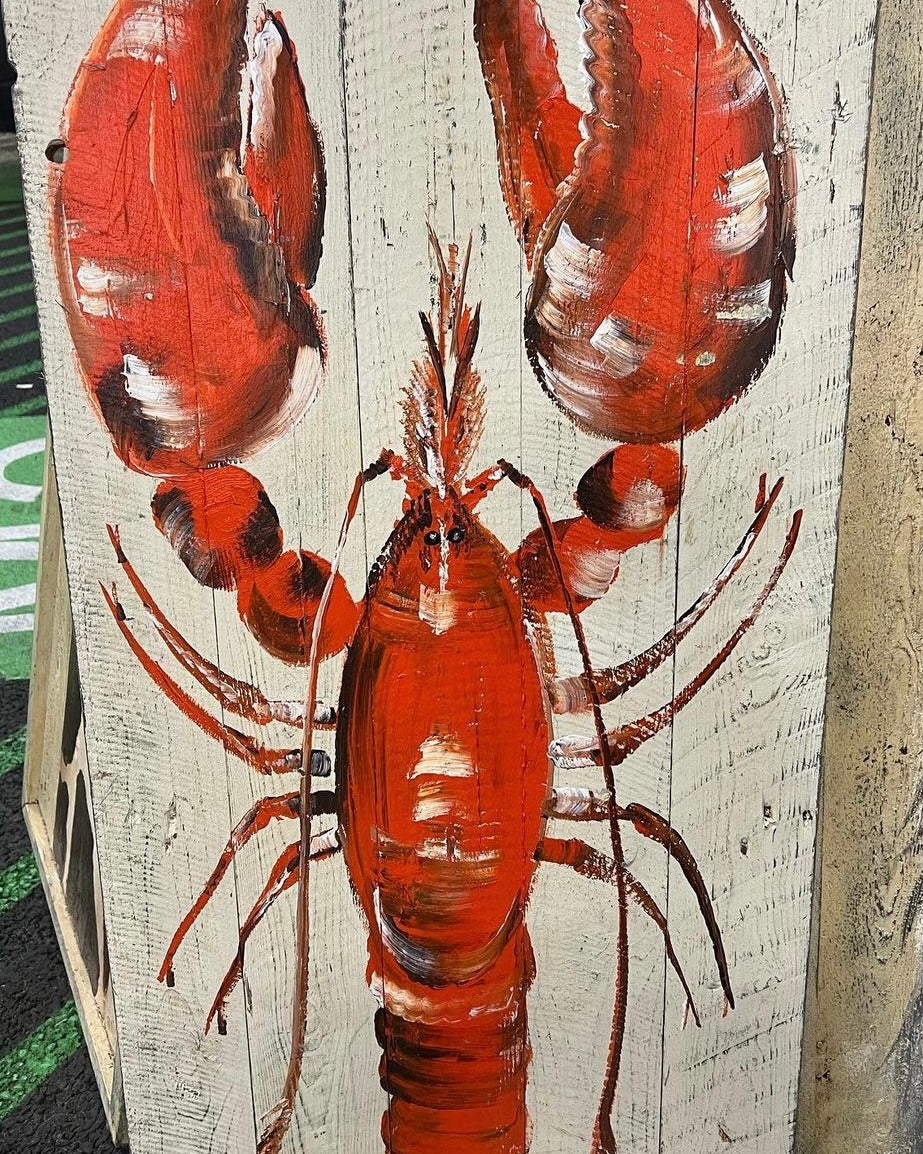 Lobster, hand painted on reclaimed timber