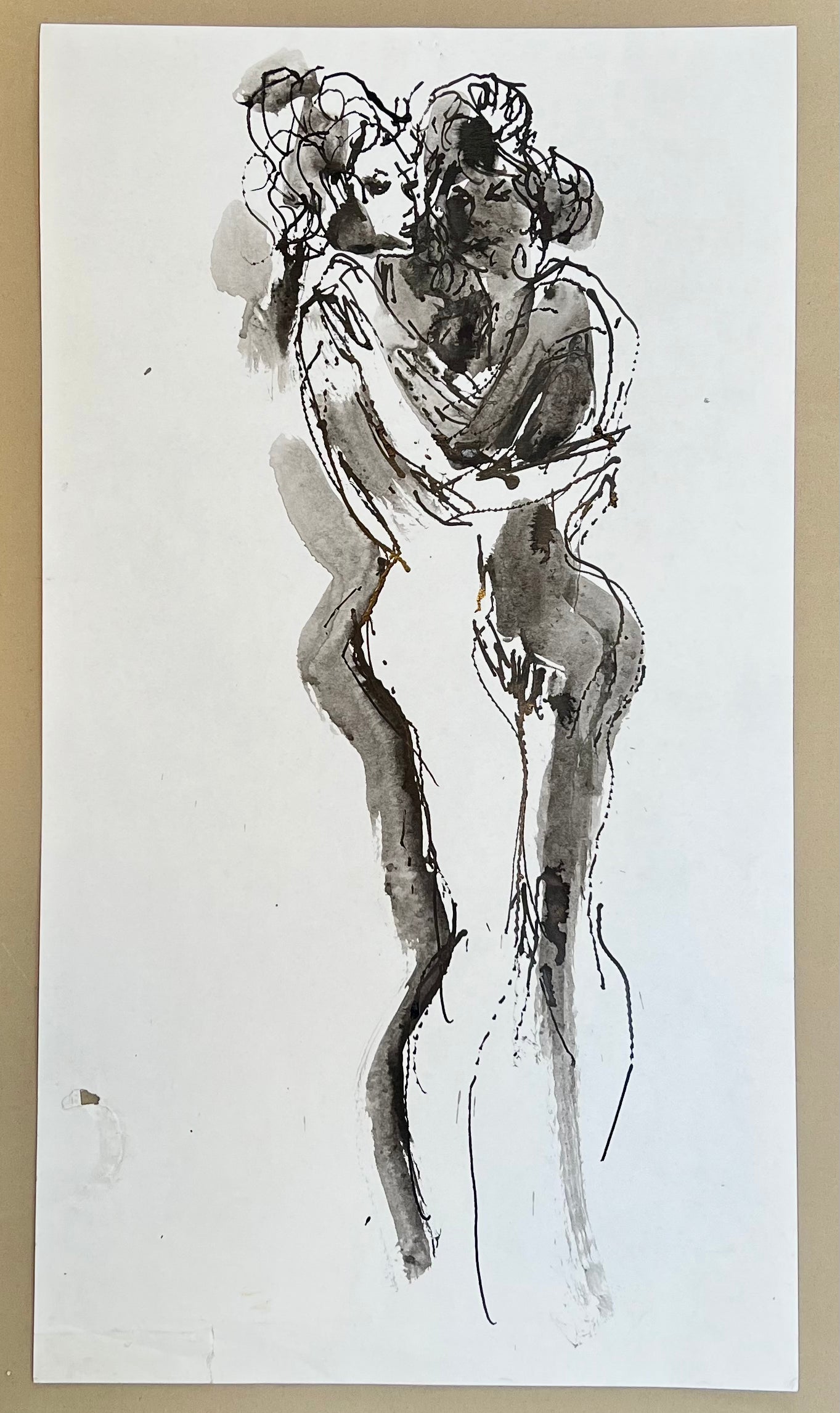 A nude study in pen & ink, black and white female embrace, Peter Collins ARCA