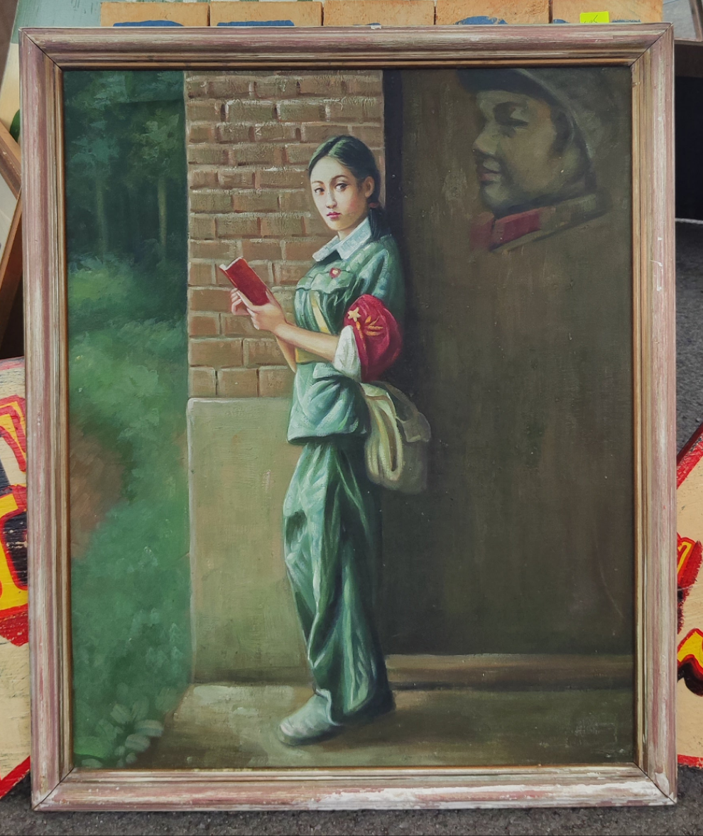 Chinese soldier girl, oil painting, framed