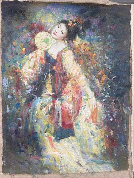 Large Geisha in oil, original unknown artist on old linen canvas, 1 of 2 similar pieces