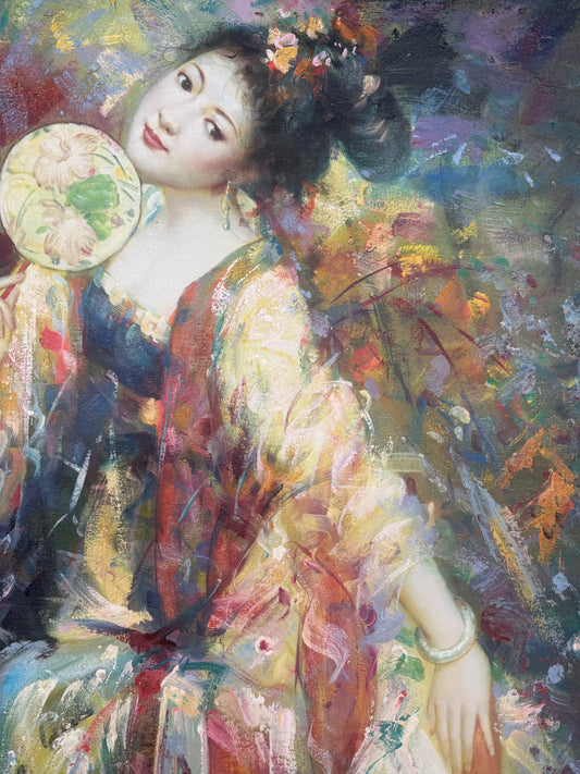 Large Geisha in oil, original unknown artist on old linen canvas, 1 of 2 similar pieces