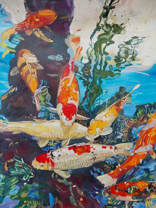 Koi Pool, Xian - Contemporary Chinese Original Oil Painting